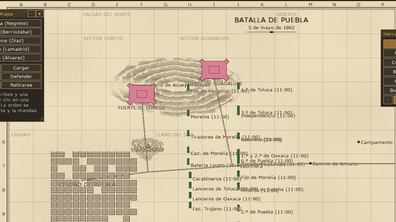 Mapa de la Batalla de Puebla con los regimientos y los fuertes